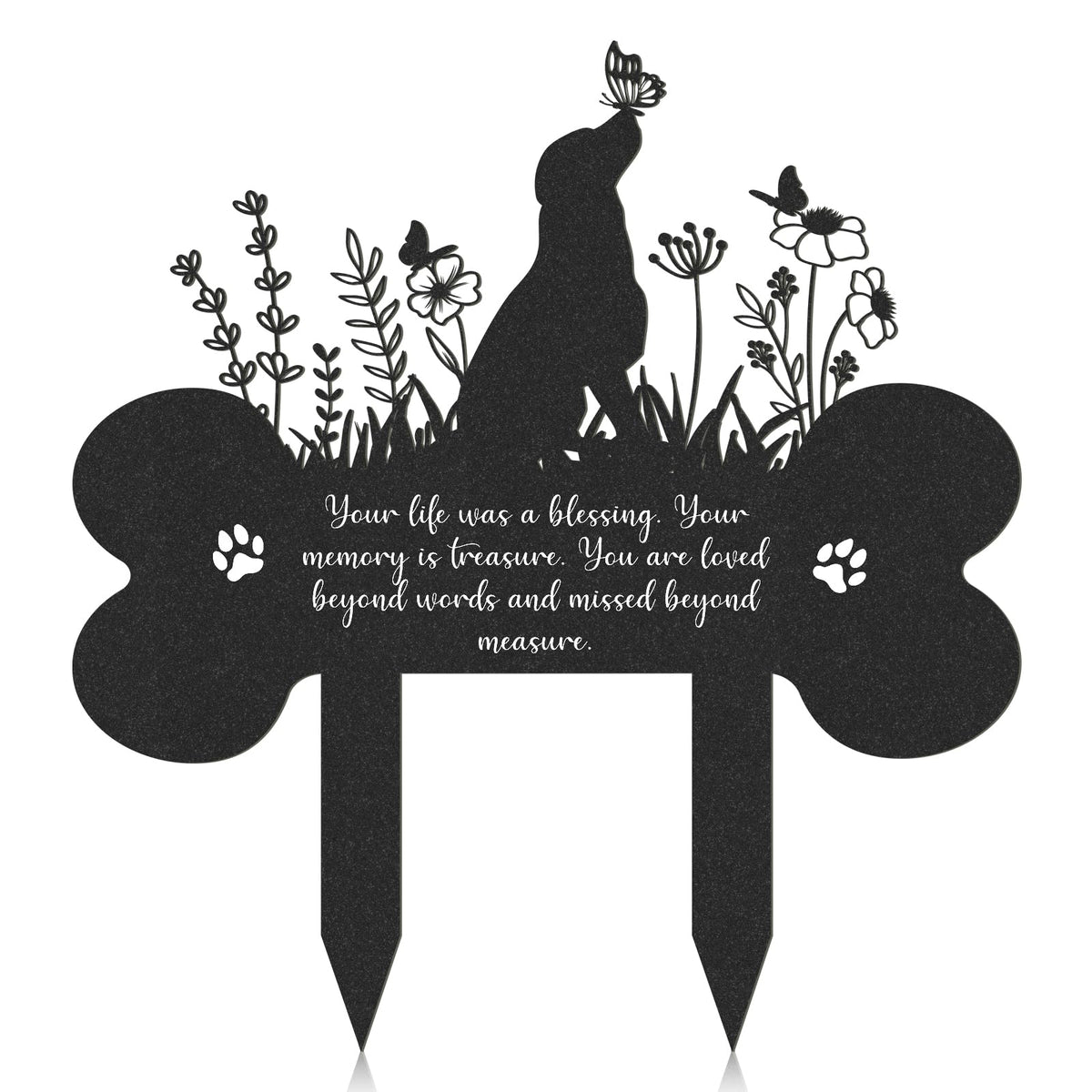 Rngmsi dog grave marker shown from the front with its bone-shaped memorial plaque.
