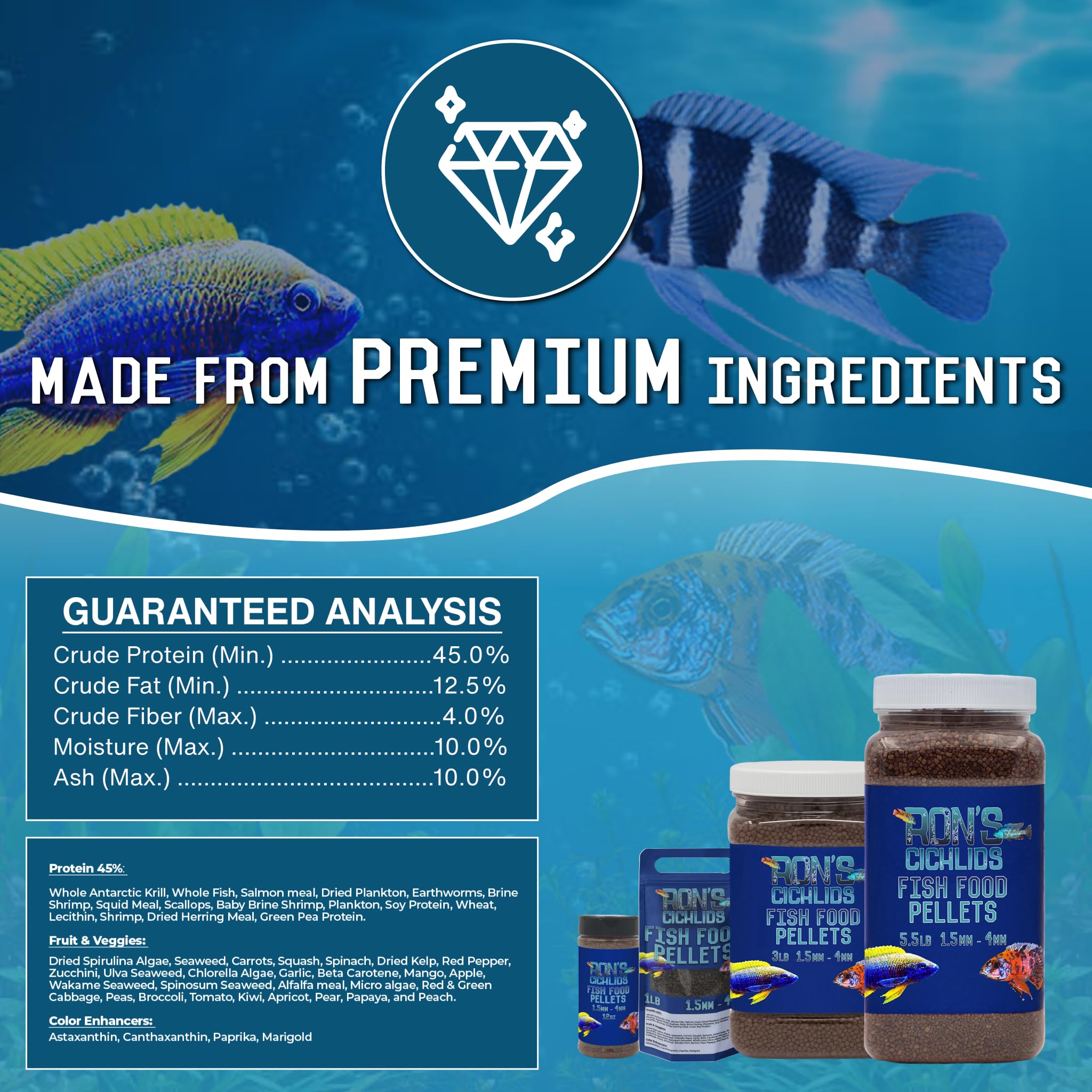 RON'S CICHLIDS Cichlid Fish Food shown during aquarium fish feeding.