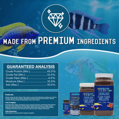RON'S CICHLIDS Cichlid Fish Food shown during aquarium fish feeding.