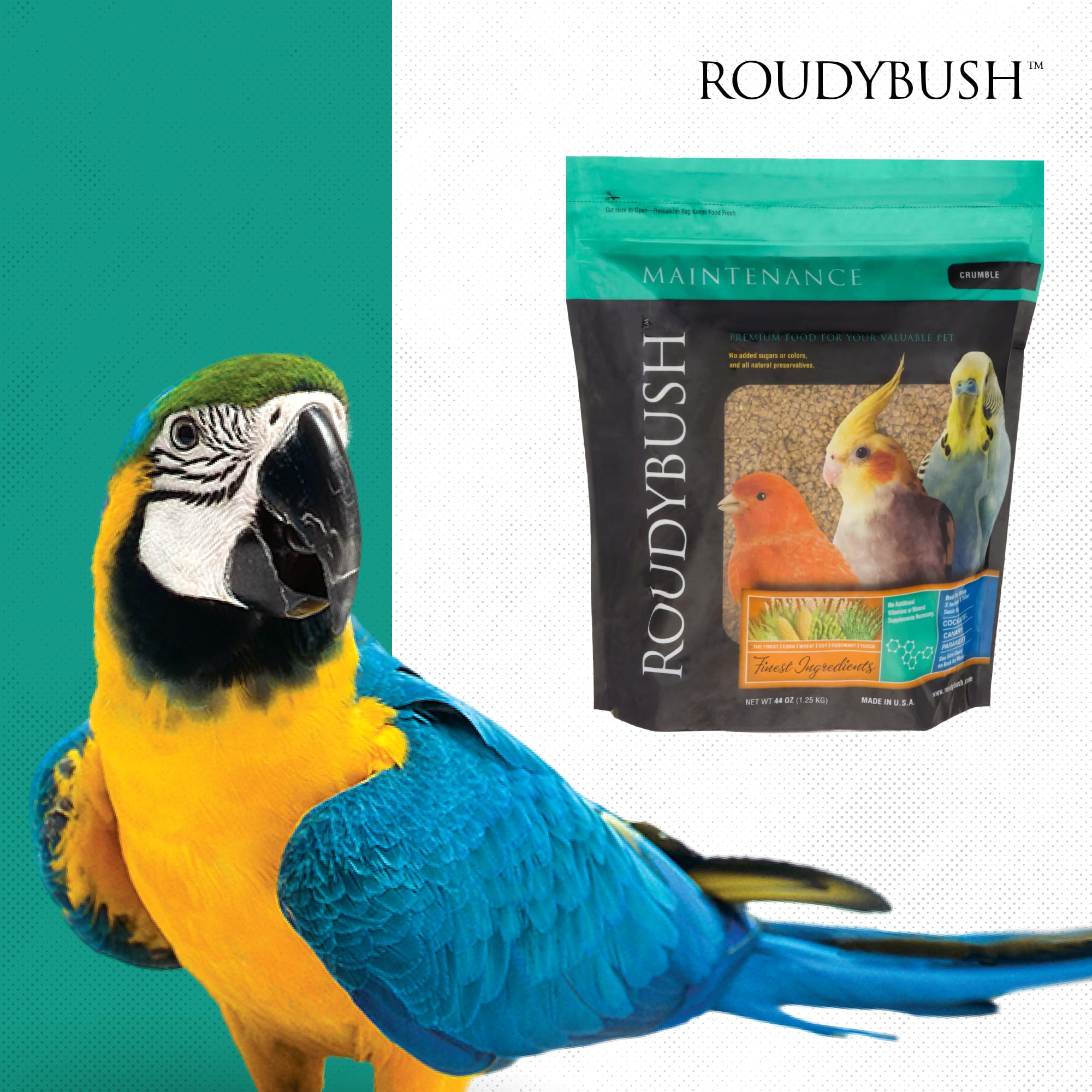 RoudyBush Daily Maintenance Bird Food package shown from the back.