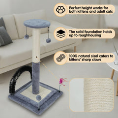 Roypet cat scratching post with crinkly feather toys and dangling pom-poms.