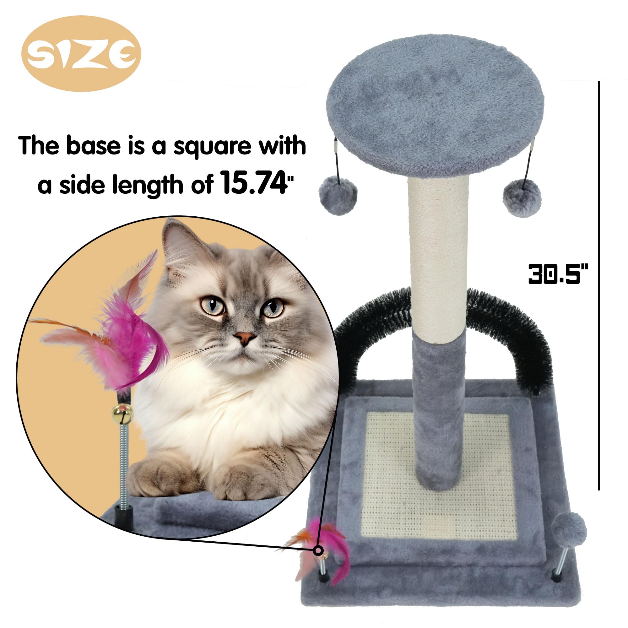 Roypet cat scratching post featuring its integrated self-cleaning grooming brush.