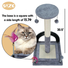 Roypet cat scratching post featuring its integrated self-cleaning grooming brush.