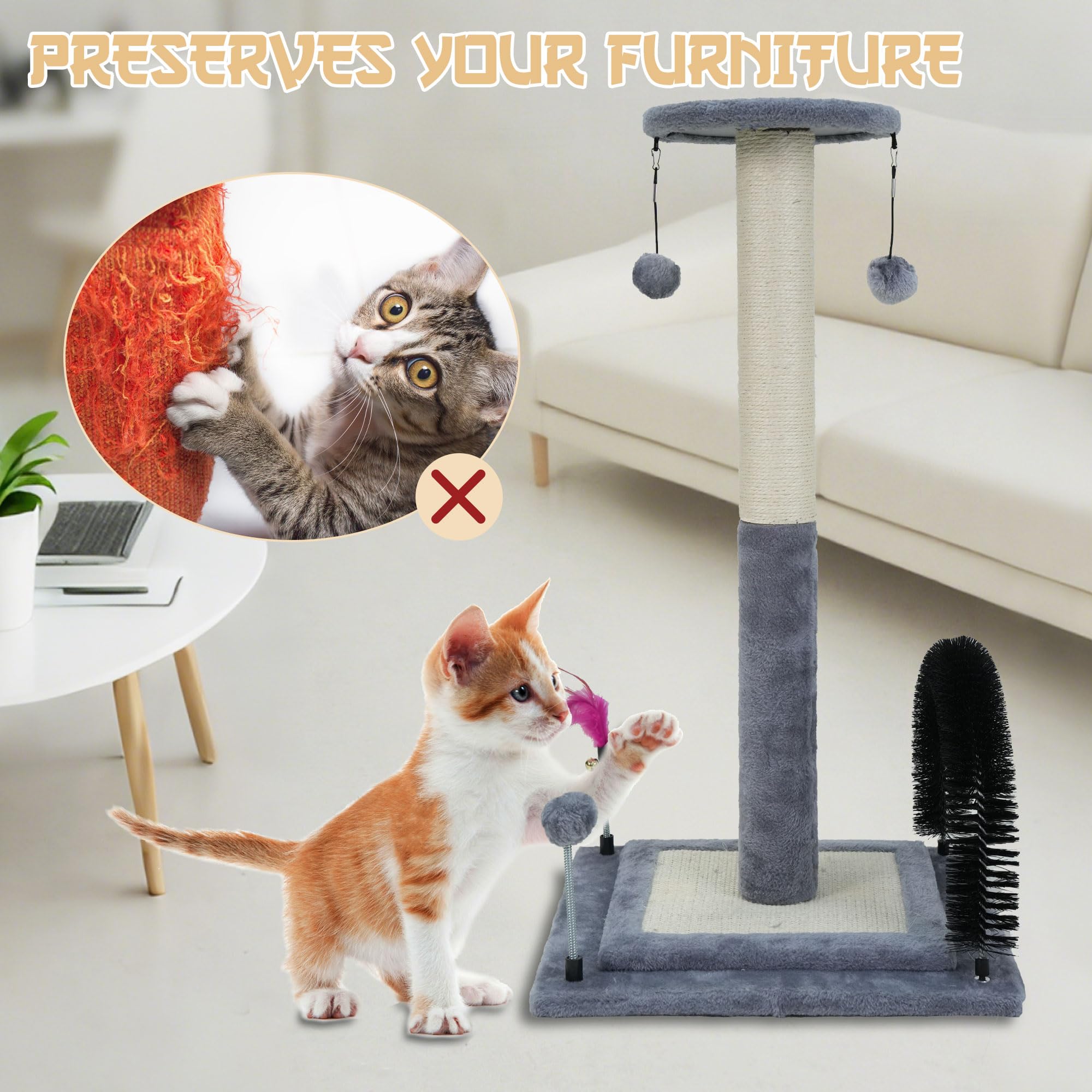 Roypet cat scratching post featuring its hanging play ball.