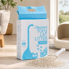 Roypet tofu cat litter shown in a detail view focused on minimal dust.