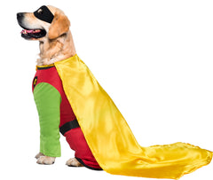 Rubies Teen Titans Robin pet costume detachable yellow cape shown close up.