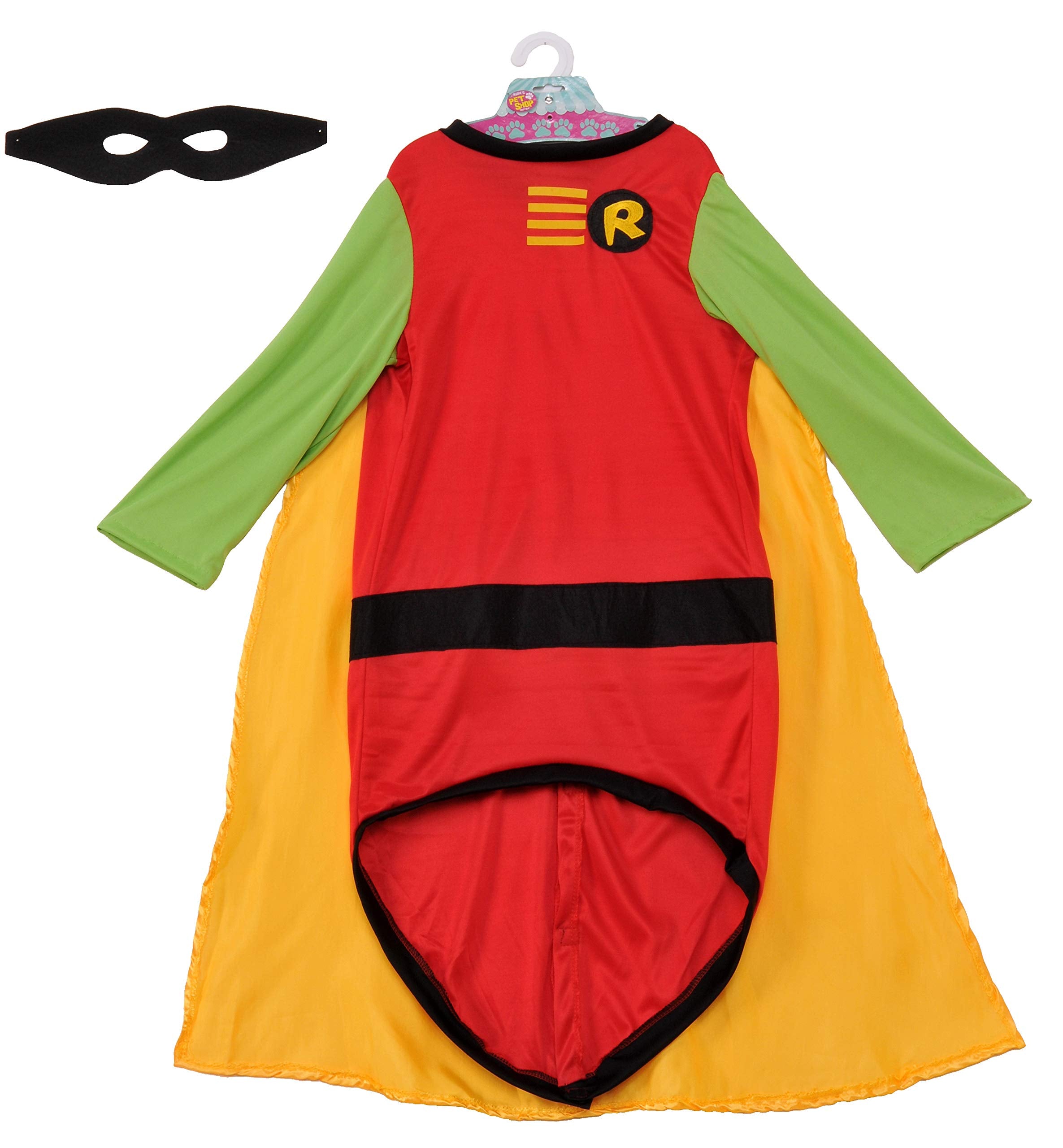 Rubies Teen Titans Robin pet costume showing the shirt, cape and eye mask together.
