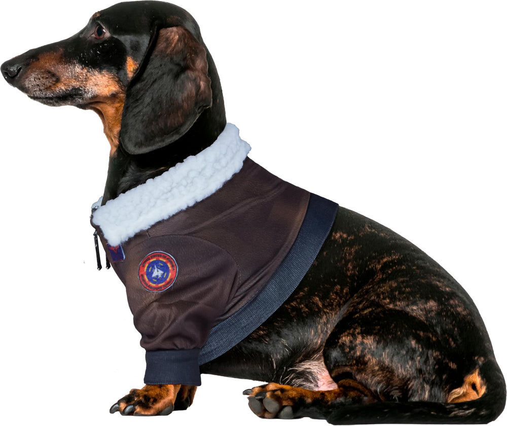Rubies Top Gun pet costume with a close view of its sherpa fabric.
