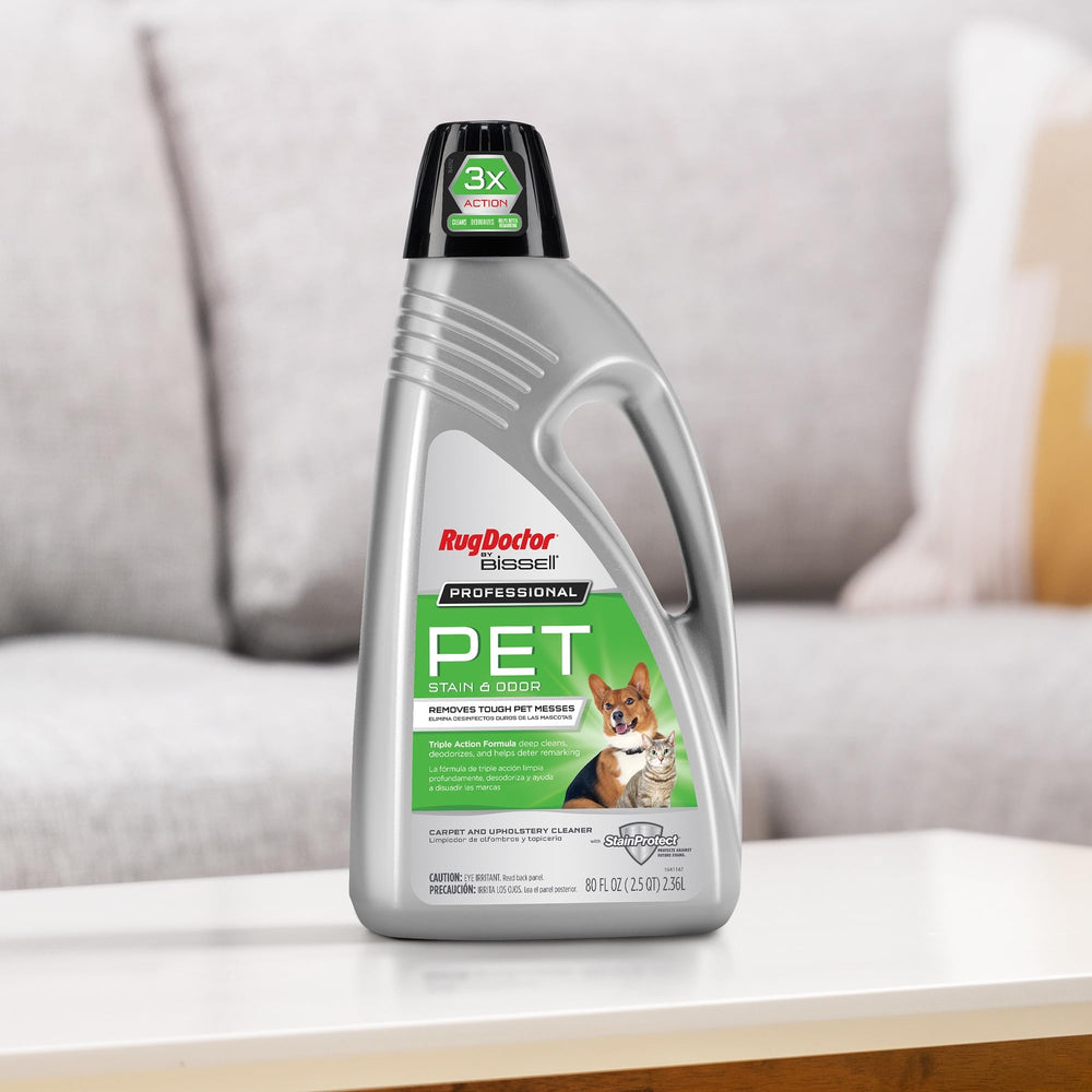 Rug Doctor Pet Deep Carpet Cleaner Solution highlighting odor elimination.