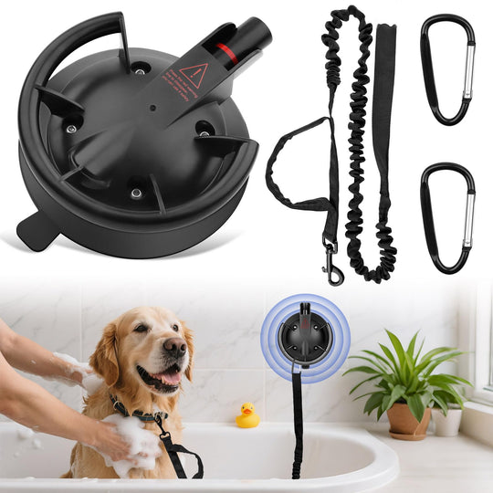 Ruppence dog grooming suction cup with tether shown from the front.