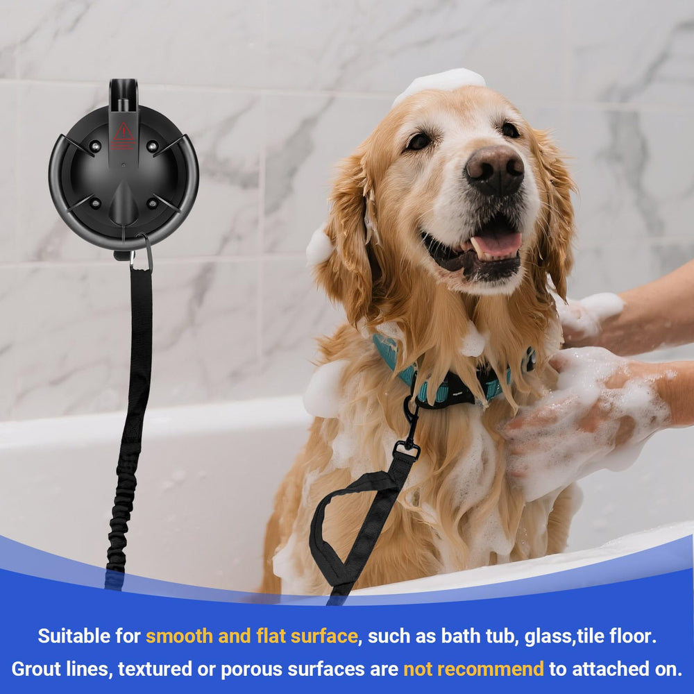 Ruppence dog grooming suction cup positioned for adjustable tether height.