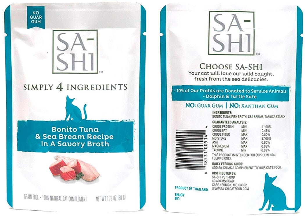 Sa-Shi grain-free wet cat food pouch shown from the front.