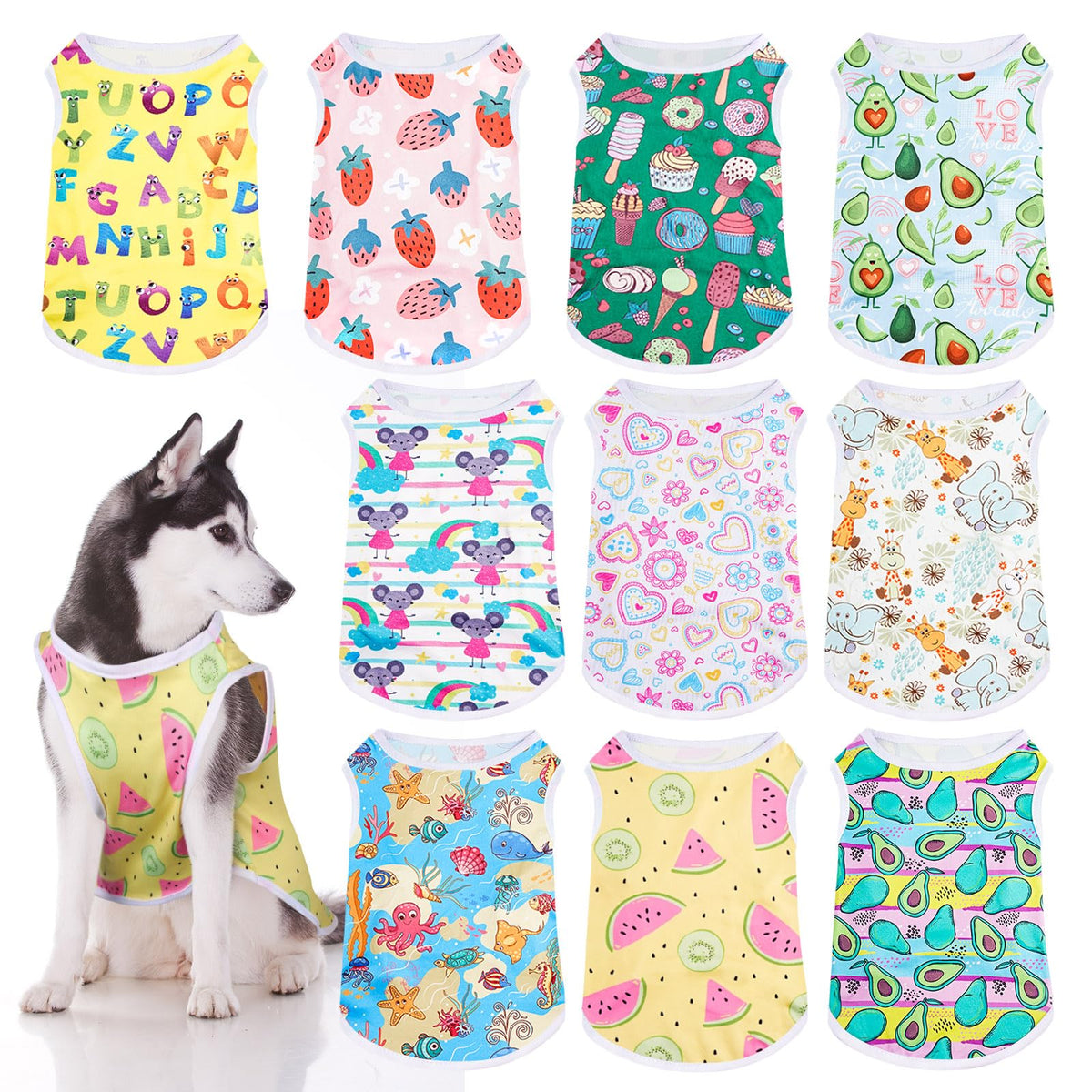 Saintrygo dog shirts shown as a ten-piece pack of printed pet T-shirts.