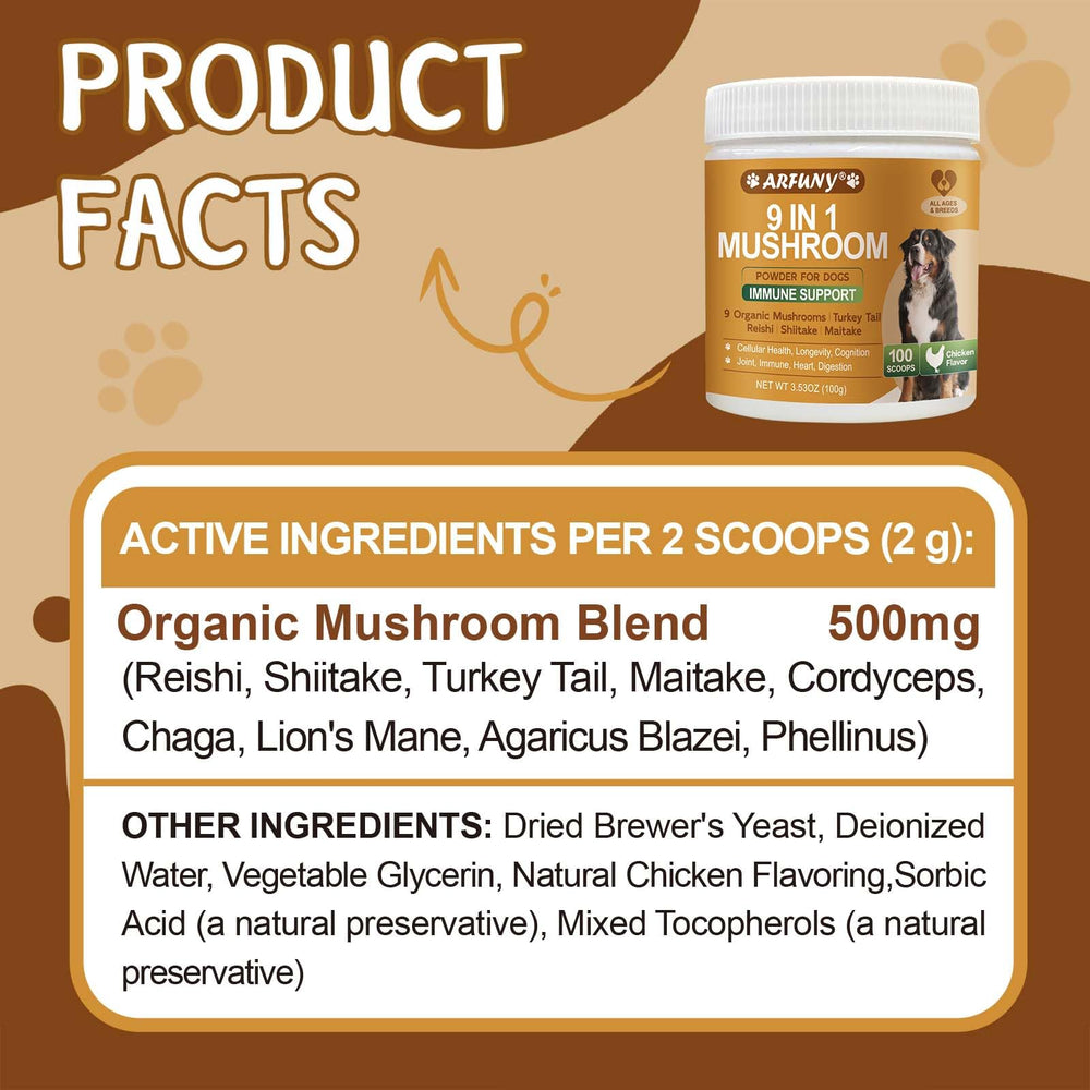 SANTKOL dog mushroom powder blend featuring nine mushroom varieties.