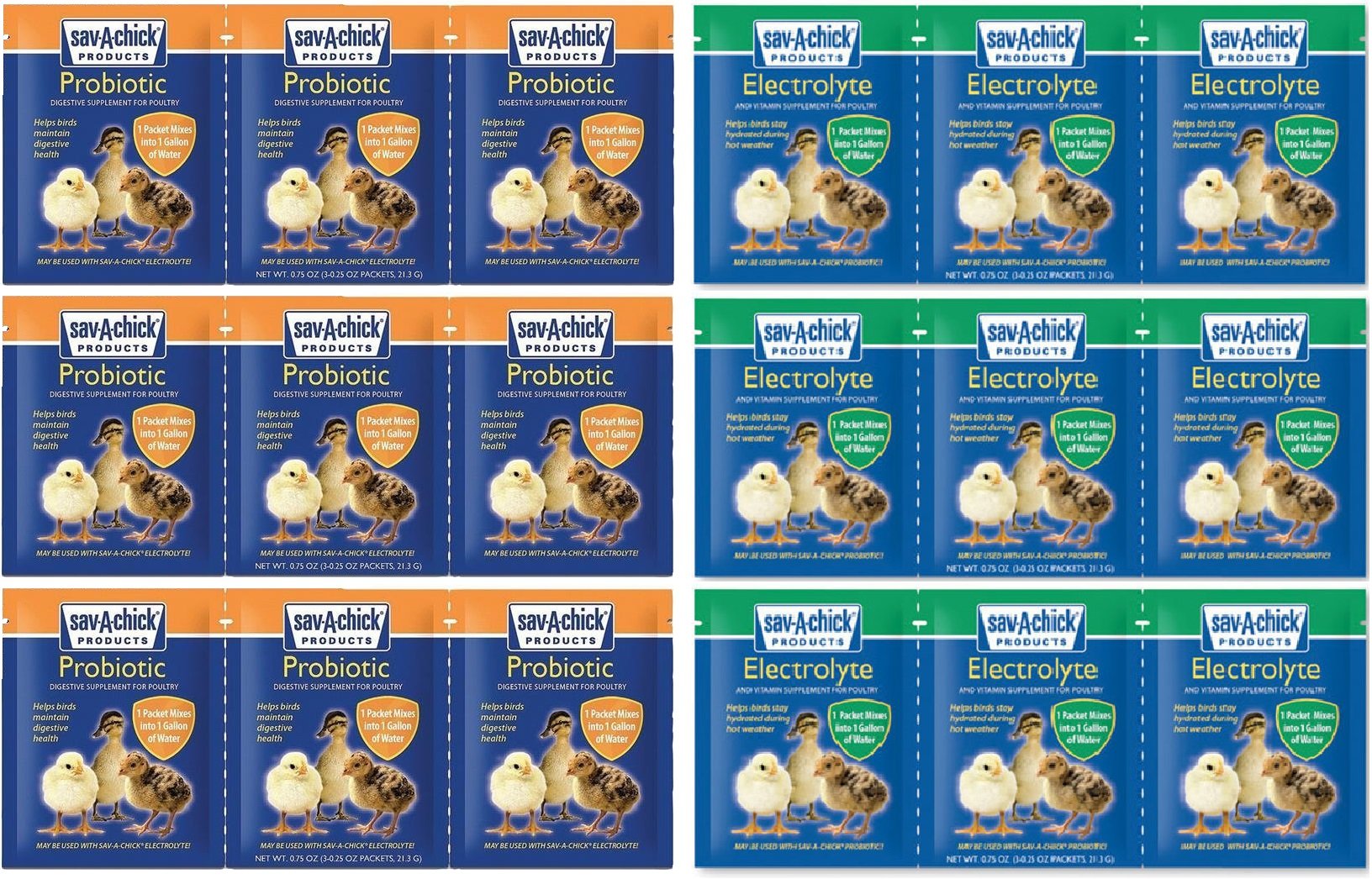 Sav-A-Chick poultry supplement bundle shown from the front with electrolyte and probiotic packets.