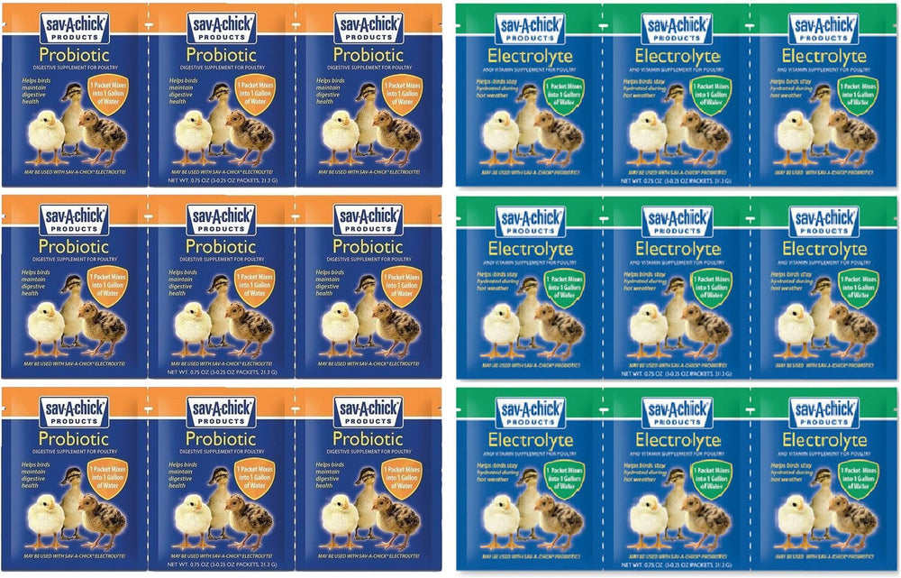 Sav-A-Chick poultry supplement bundle shown from the front with electrolyte and probiotic packets.