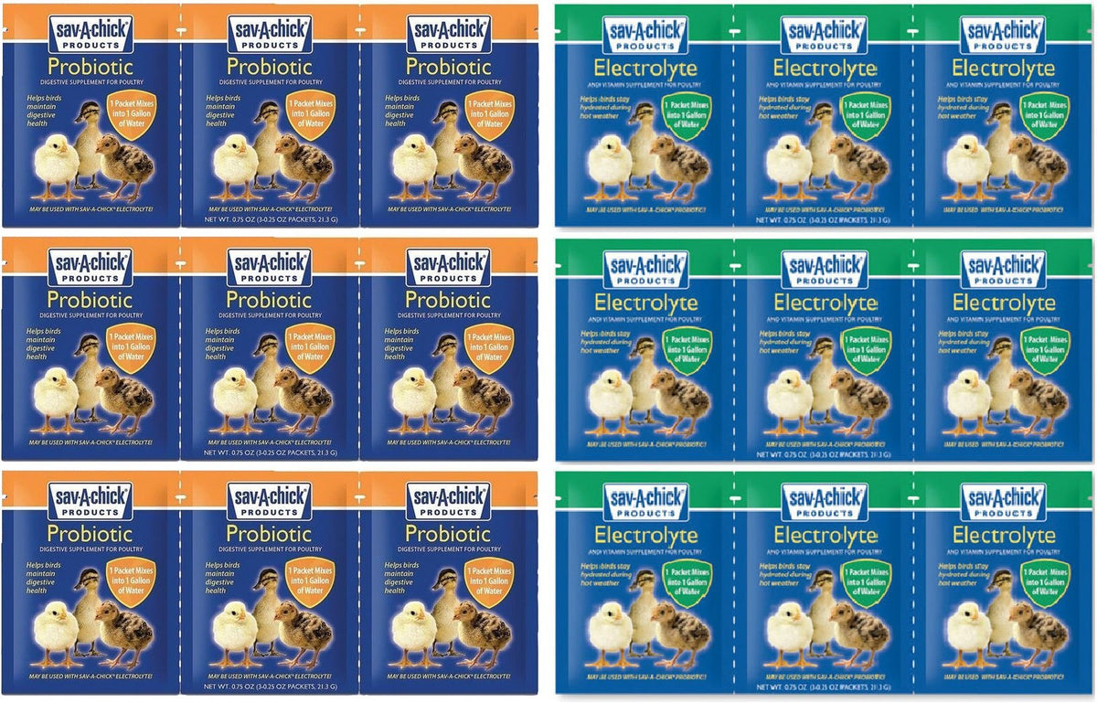 Sav-A-Chick poultry supplement bundle shown from the front with electrolyte and probiotic packets.