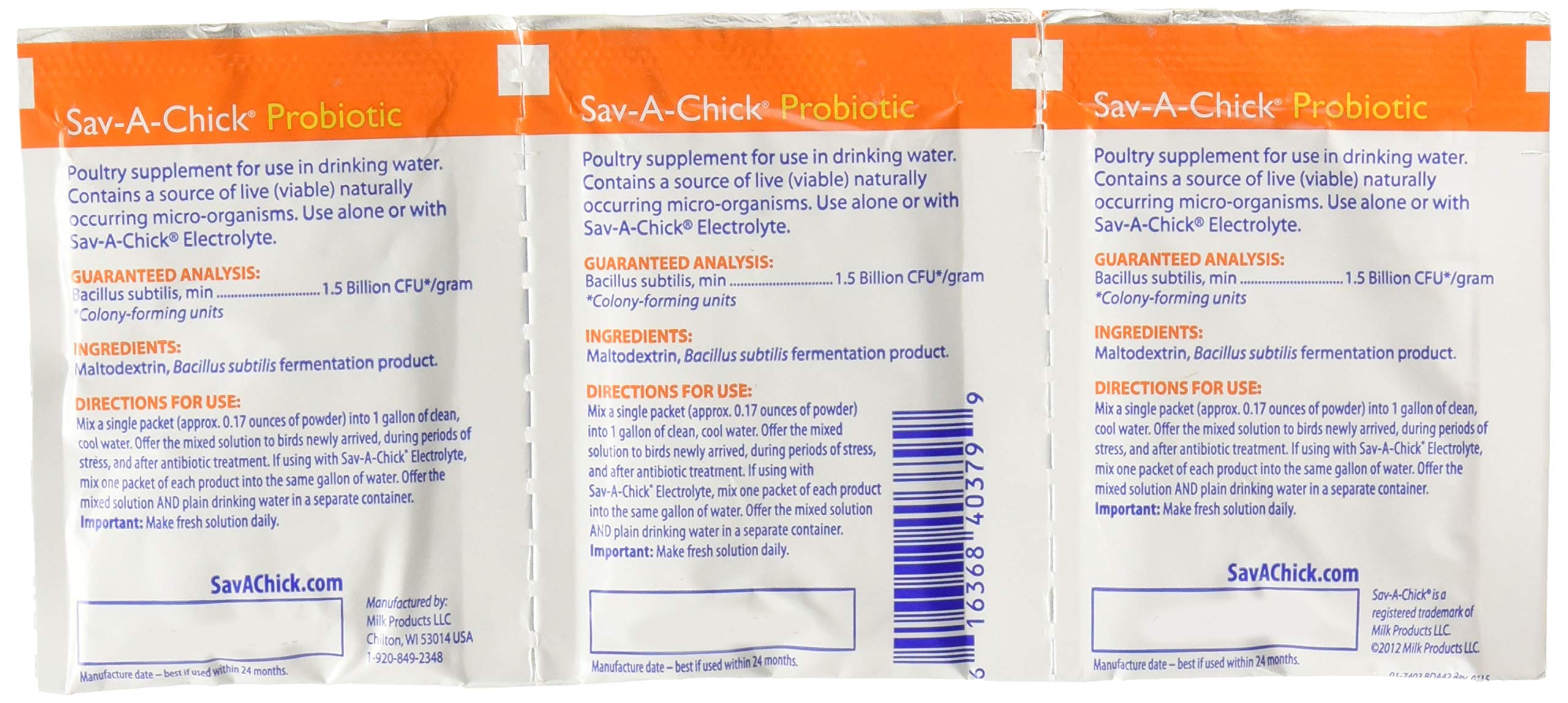 Sav-A-Chick Probiotic Supplements packet shown in close-up.
