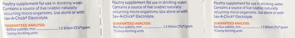 Sav-A-Chick Probiotic Supplements shown as three packages of individual packets.