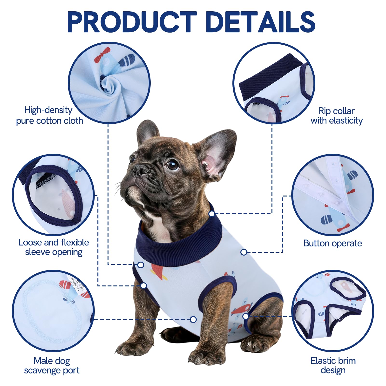 SAWMONG dog recovery suit featuring its row-button closure.