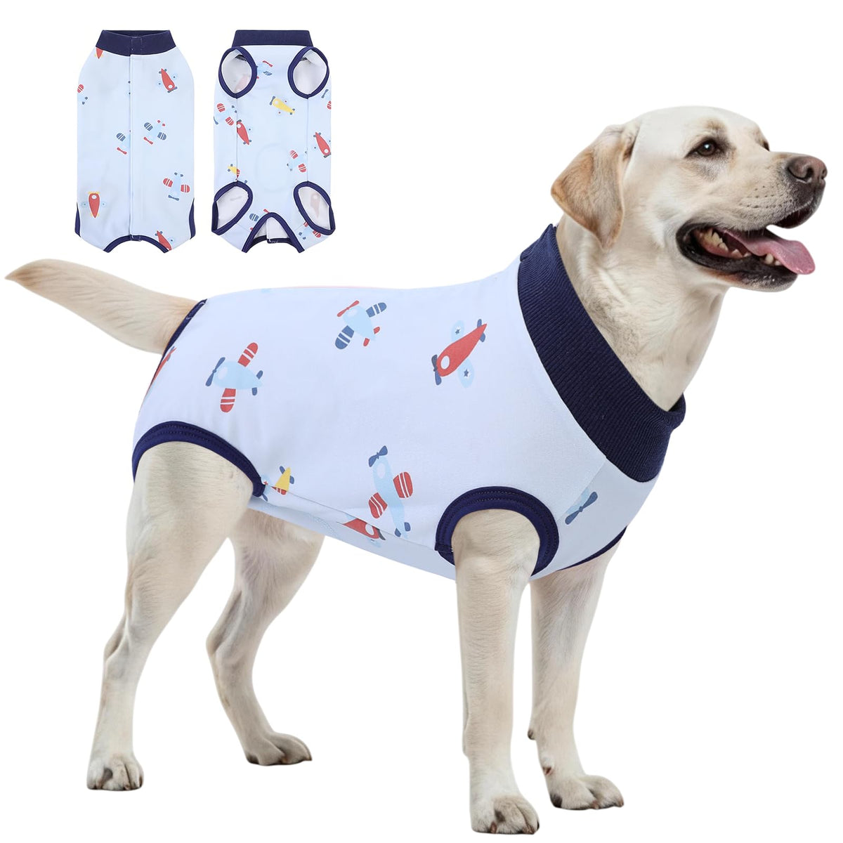 SAWMONG dog recovery suit shown from the front in blue.