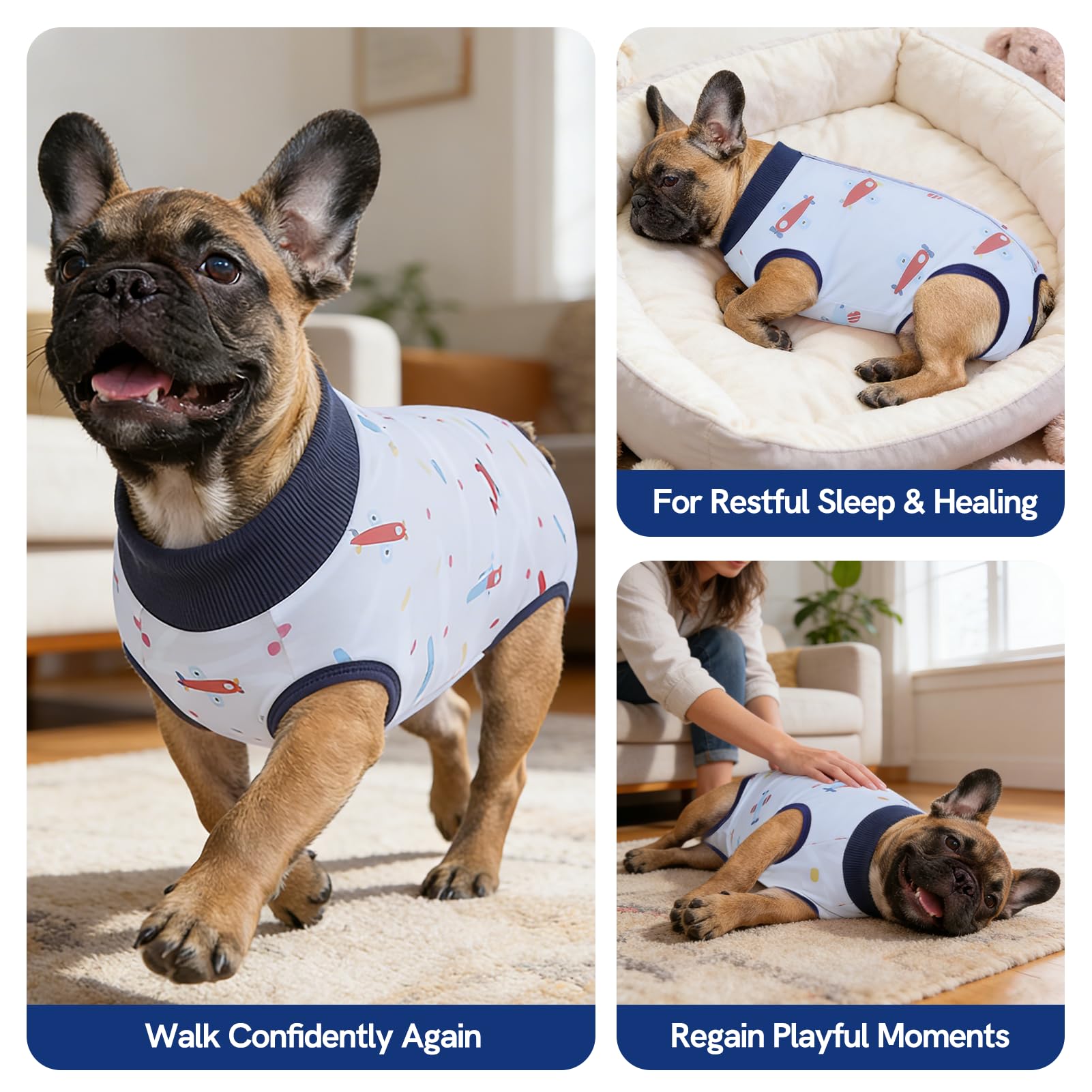 SAWMONG dog recovery suit showing the pre-cut bottom opening.