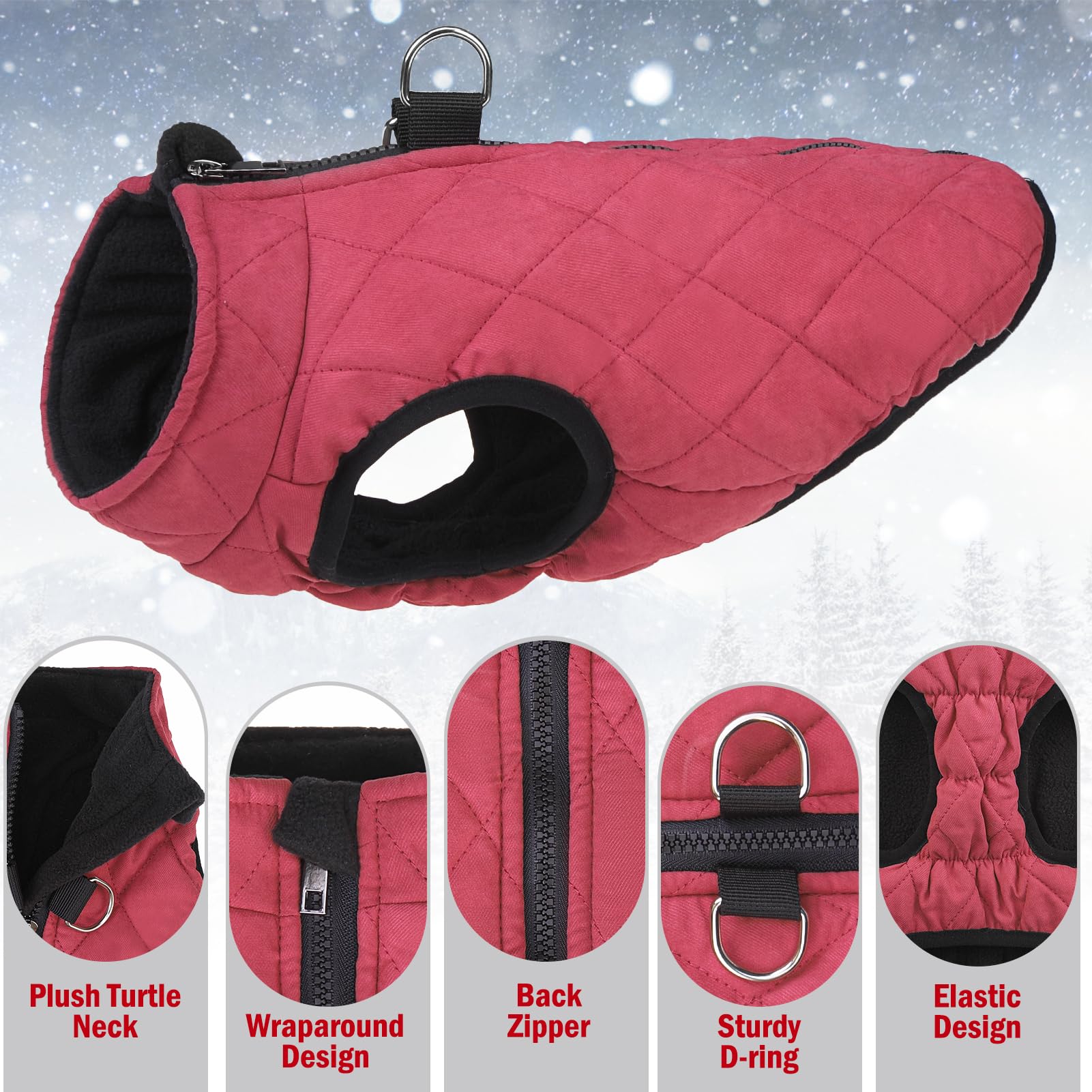 SCENEREAL winter dog coat with its back D-ring in focus.
