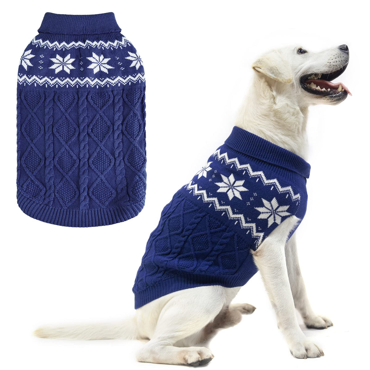 Front view of the SCIROKKO dog sweater showing its classic knitted design.