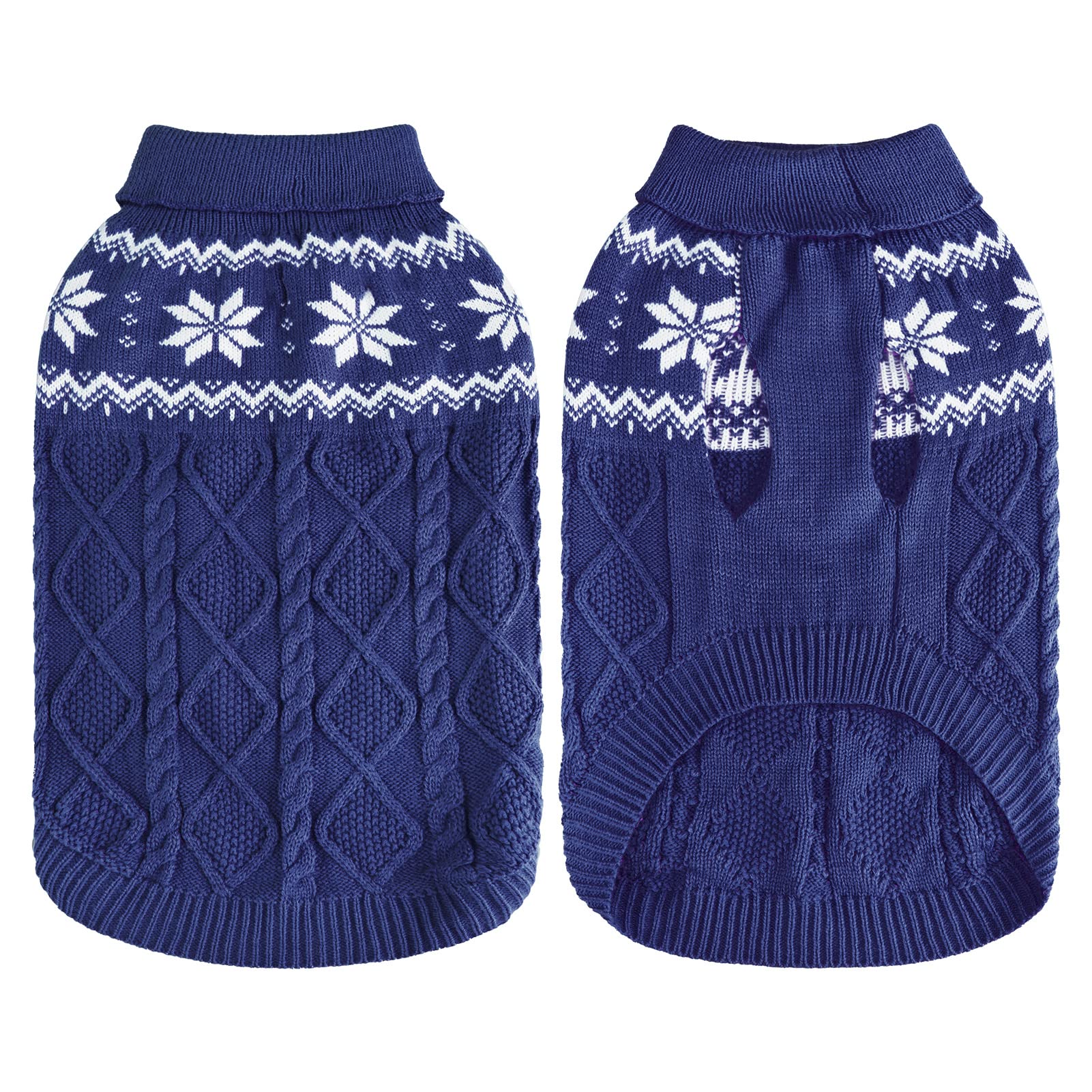 Size chart for the SCIROKKO dog sweater with neck, chest, and back measurements.