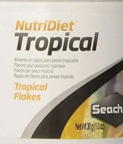 Seachem NutriDiet Tropical Flakes product label shown in close detail.