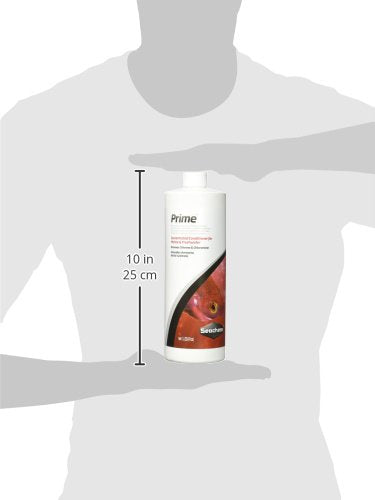 Seachem Prime conditioner shown in use for saltwater aquarium water.