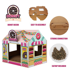 SEKAM cardboard cat house with a close view of the removable corrugated scratcher.