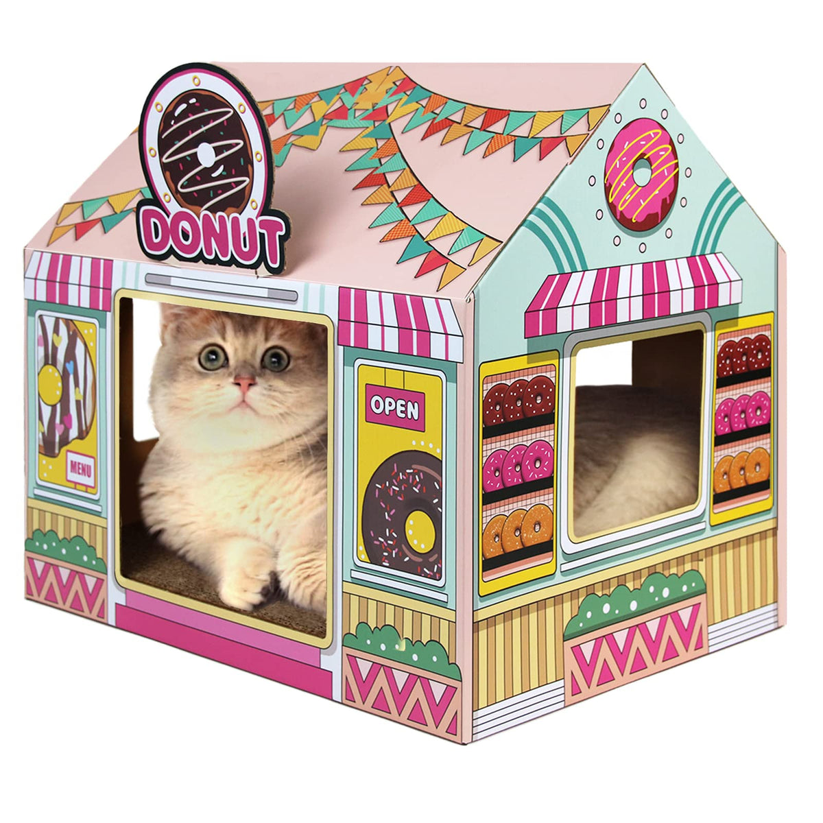 SEKAM cardboard cat house shown from the front in its Donut Shop design.