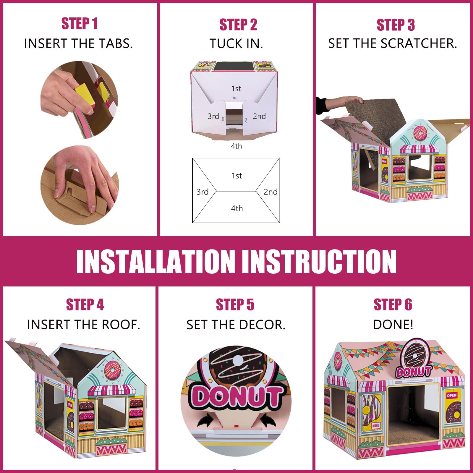 SEKAM cardboard cat house shown as two pieces for tool-free assembly.