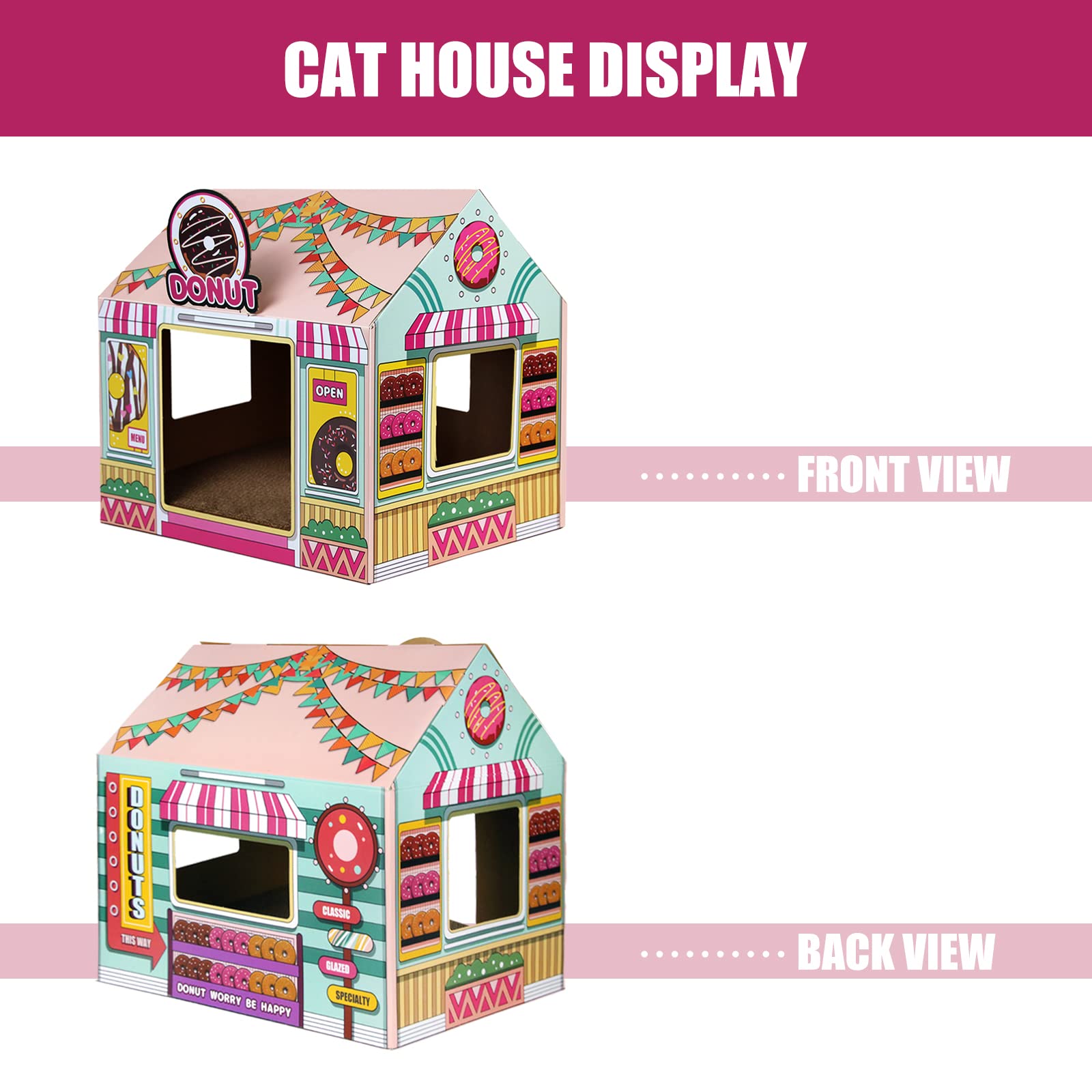 SEKAM cardboard cat house showing its entrance and three peek-through windows.