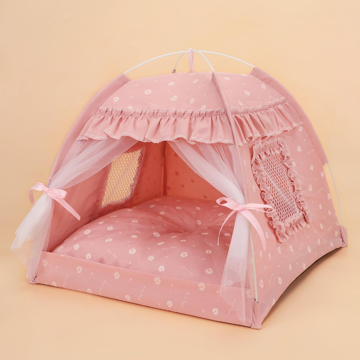 Selena cat and dog tent bed shown from the front in pink with ruffled trim.