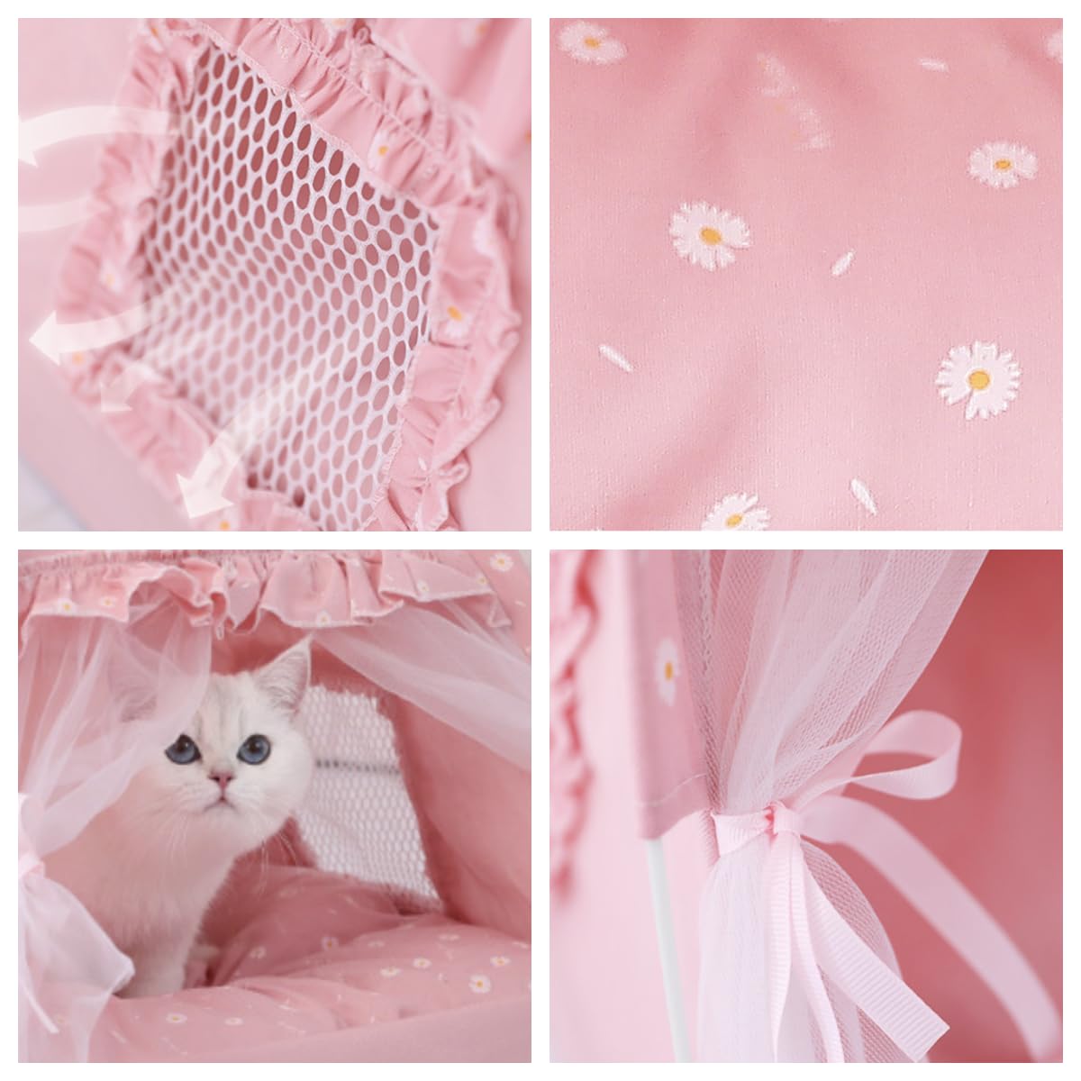 Selena cat and dog tent bed mesh window and door curtain detail.