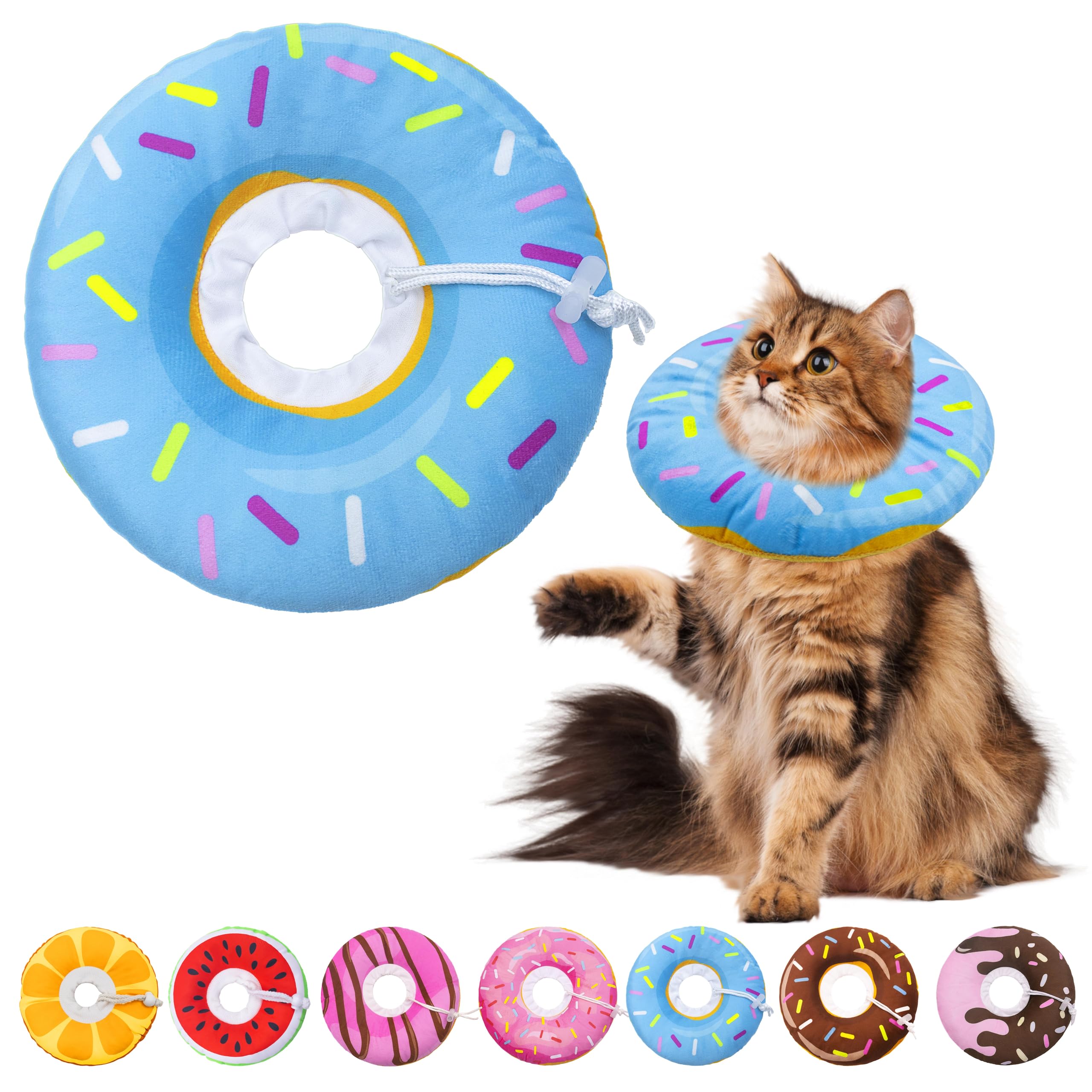 Seyezo cat cone collar shown from the front in its blue donut design.