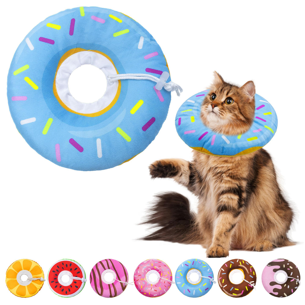 Seyezo cat cone collar shown from the front in its blue donut design.