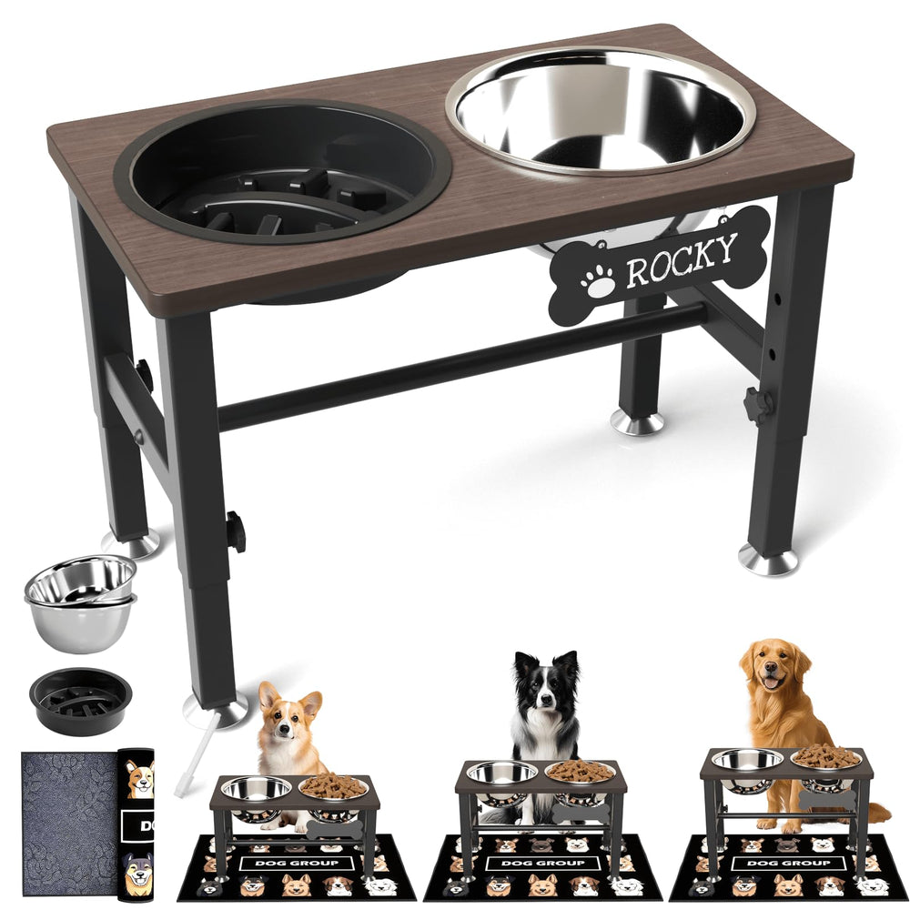 SHAINFUN Elevated Dog Bowls shown assembled with the stand, bowls, and mat.