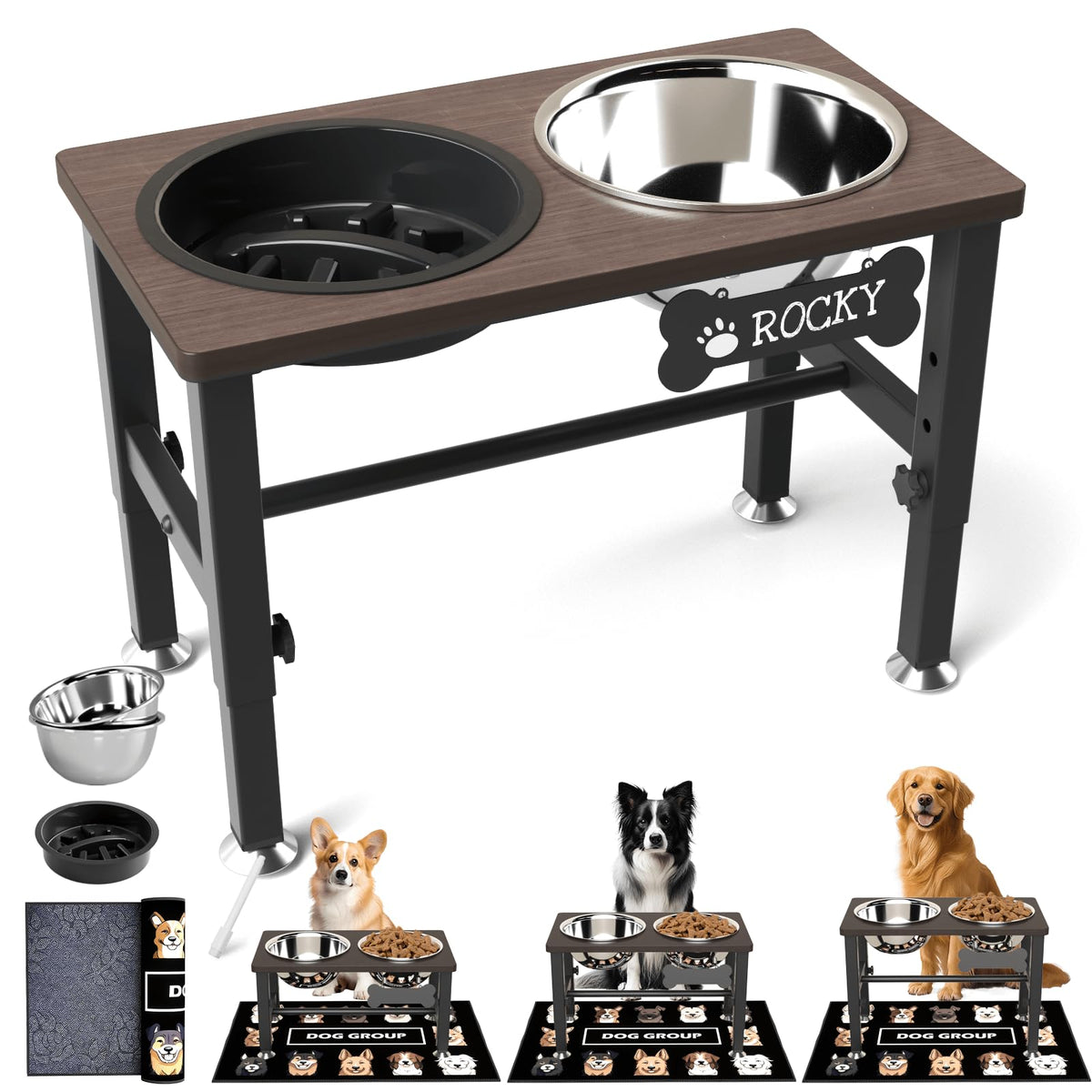 SHAINFUN Elevated Dog Bowls shown assembled with the stand, bowls, and mat.