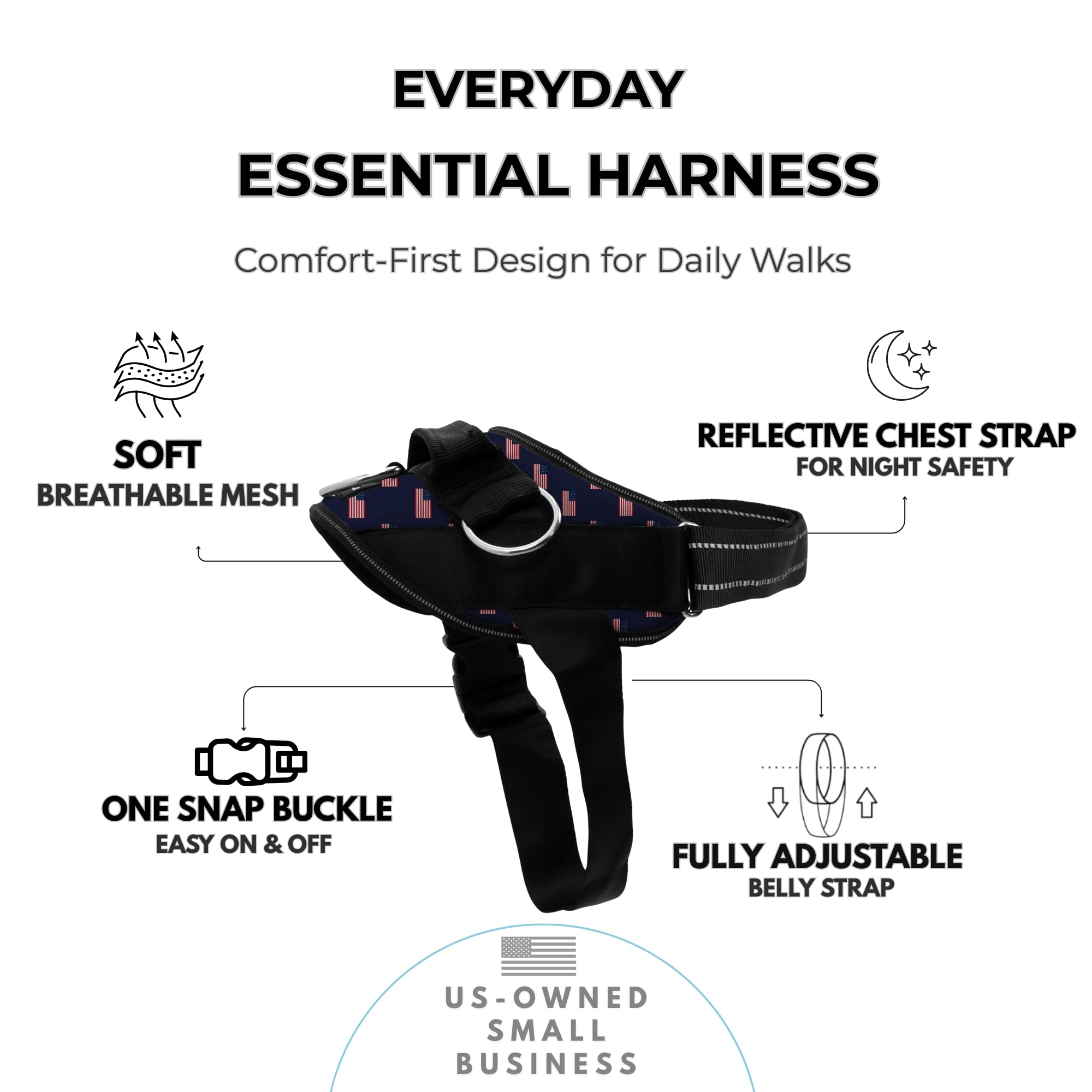 SHAWNCO dog harness featuring its USA flag design.
