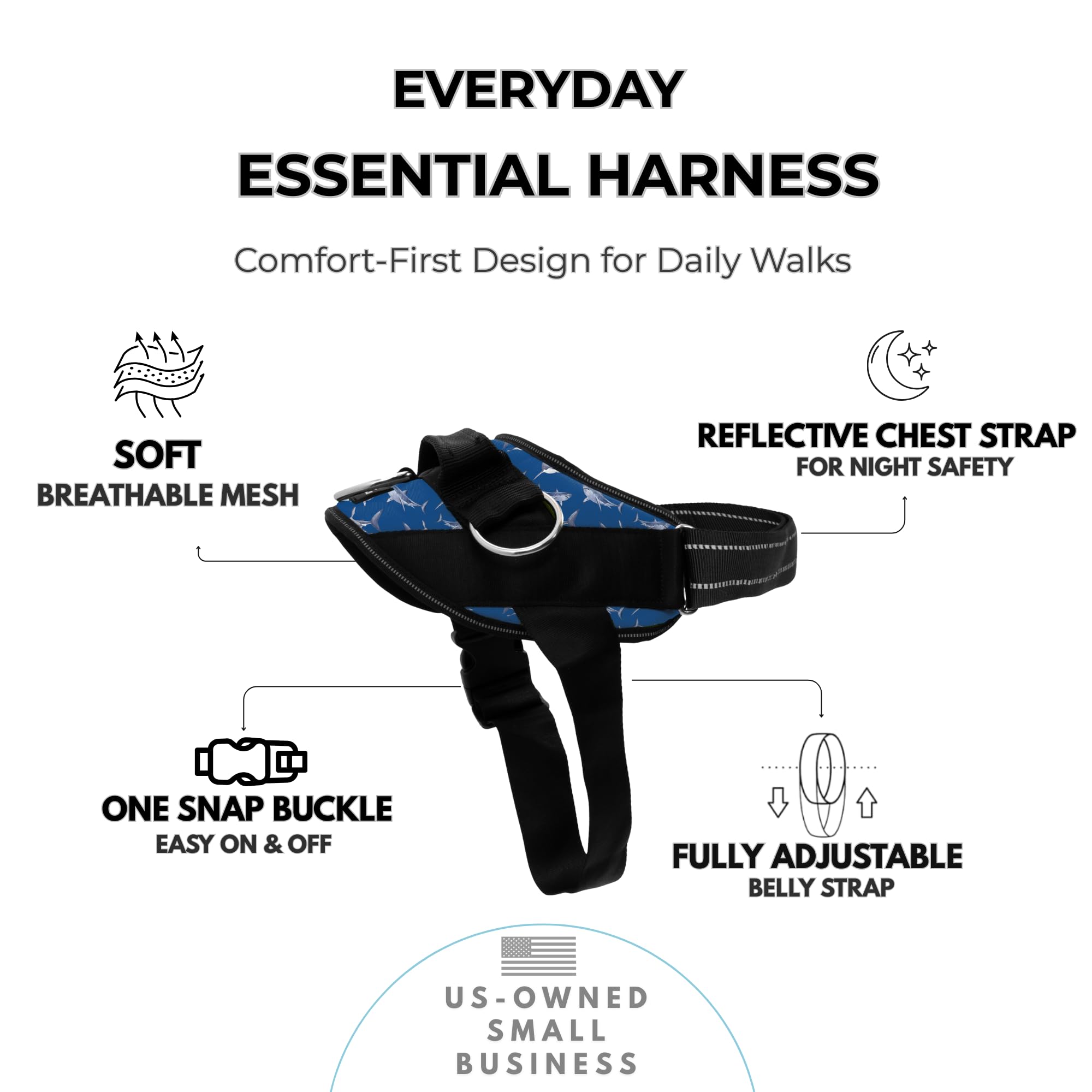 SHAWNCO Essential Dog Harness featuring its White Sharks pattern.