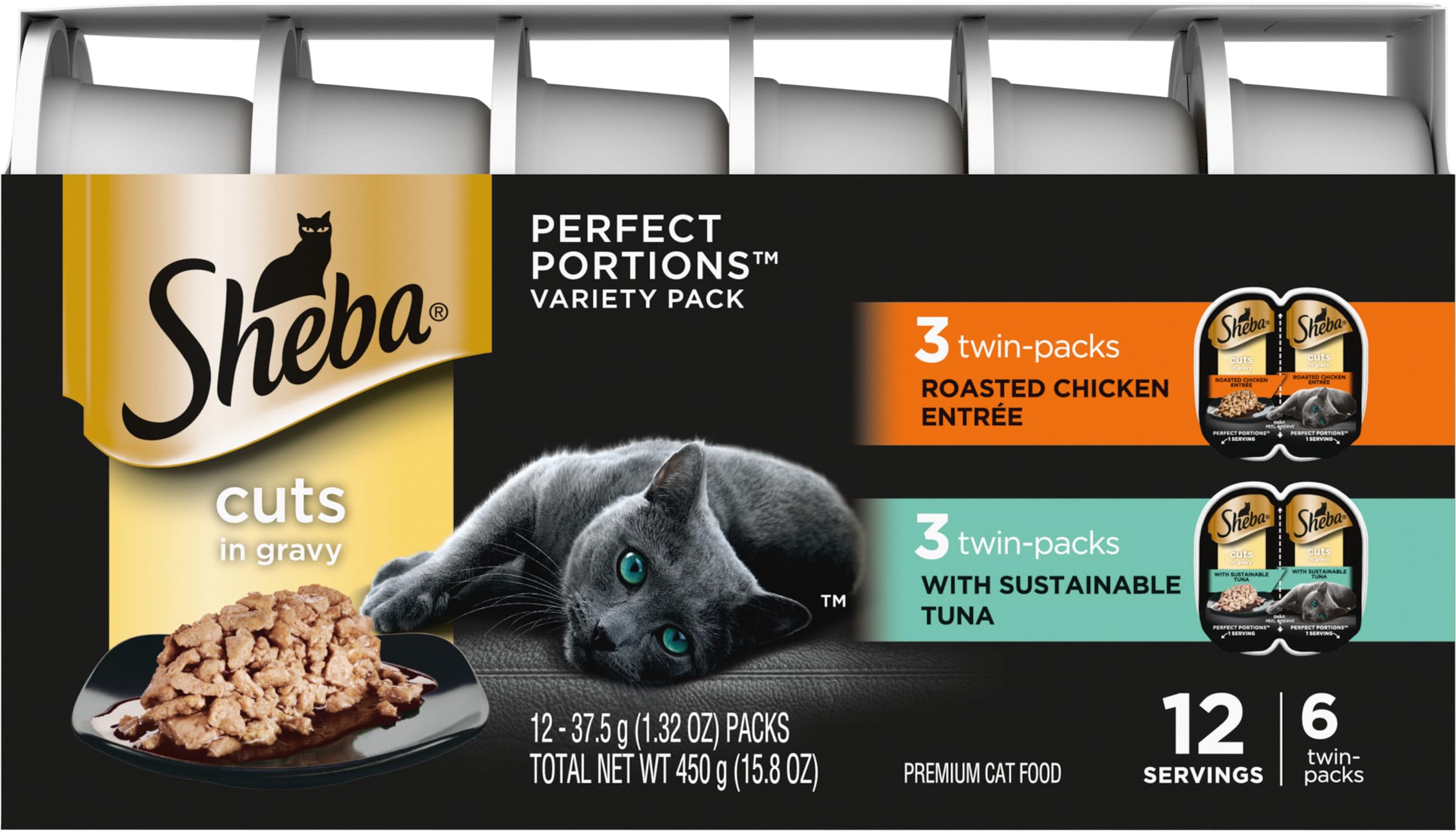 Sheba Perfect Portions cat food cuts in gravy shown in detail.