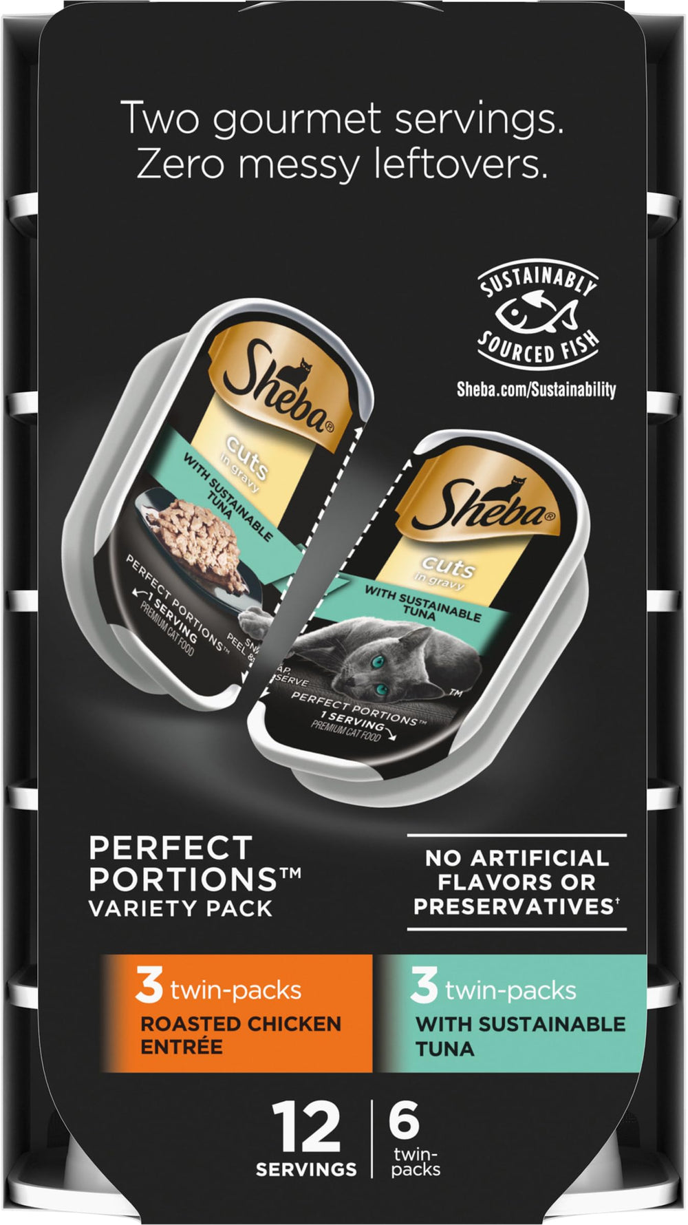 Sheba Perfect Portions cat food multipack shown with its two entree varieties.