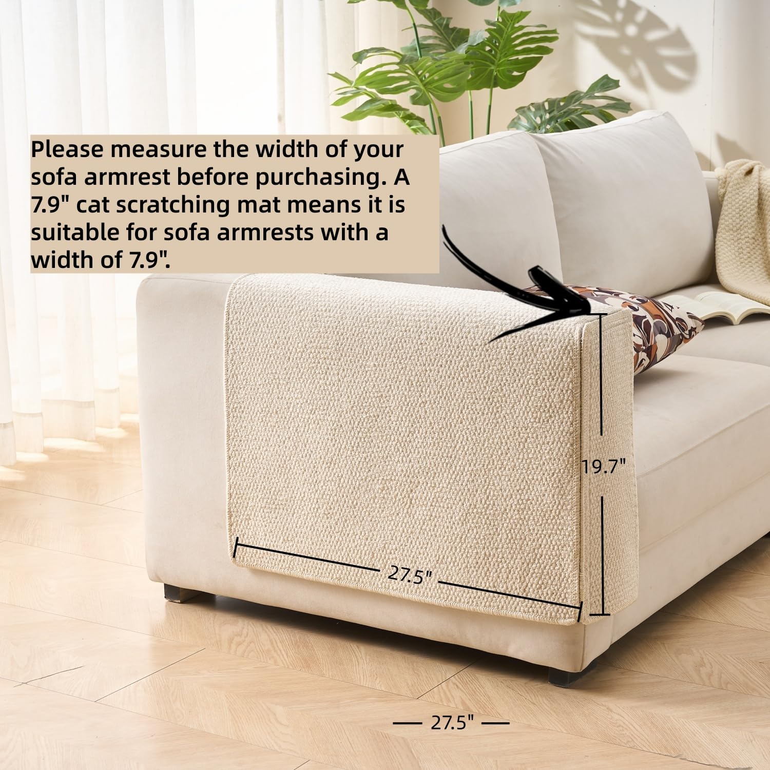 SHENGOCASE Cat Scratch Pad wrapped around a sofa armrest to protect the upholstery.