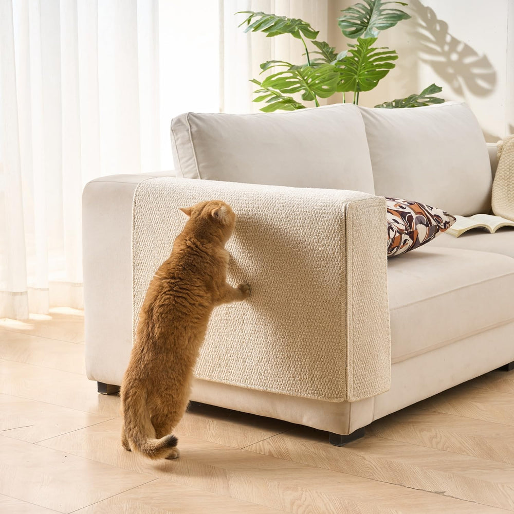 SHENGOCASE Cat Scratch Pad shown from the front as a couch armrest protector.
