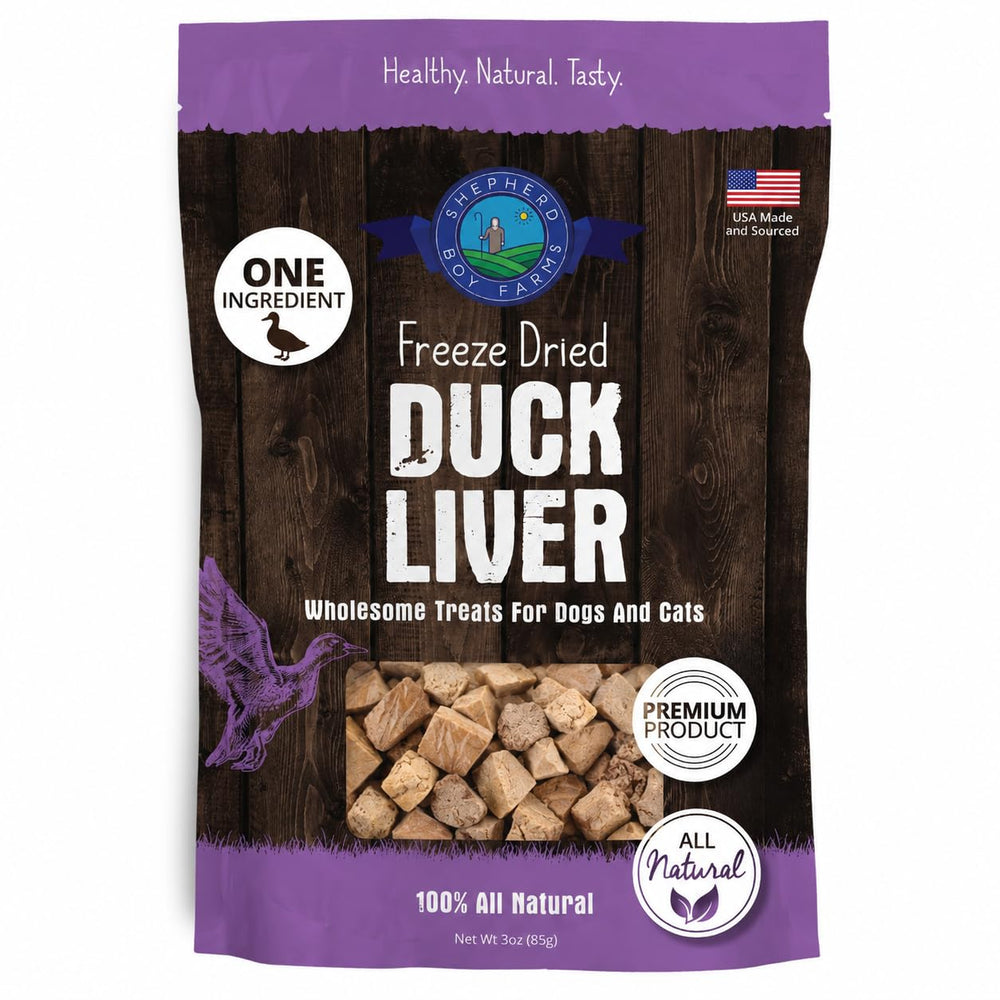 Shepherd Boy Farms Duck Liver Treats shown from the front of the package.