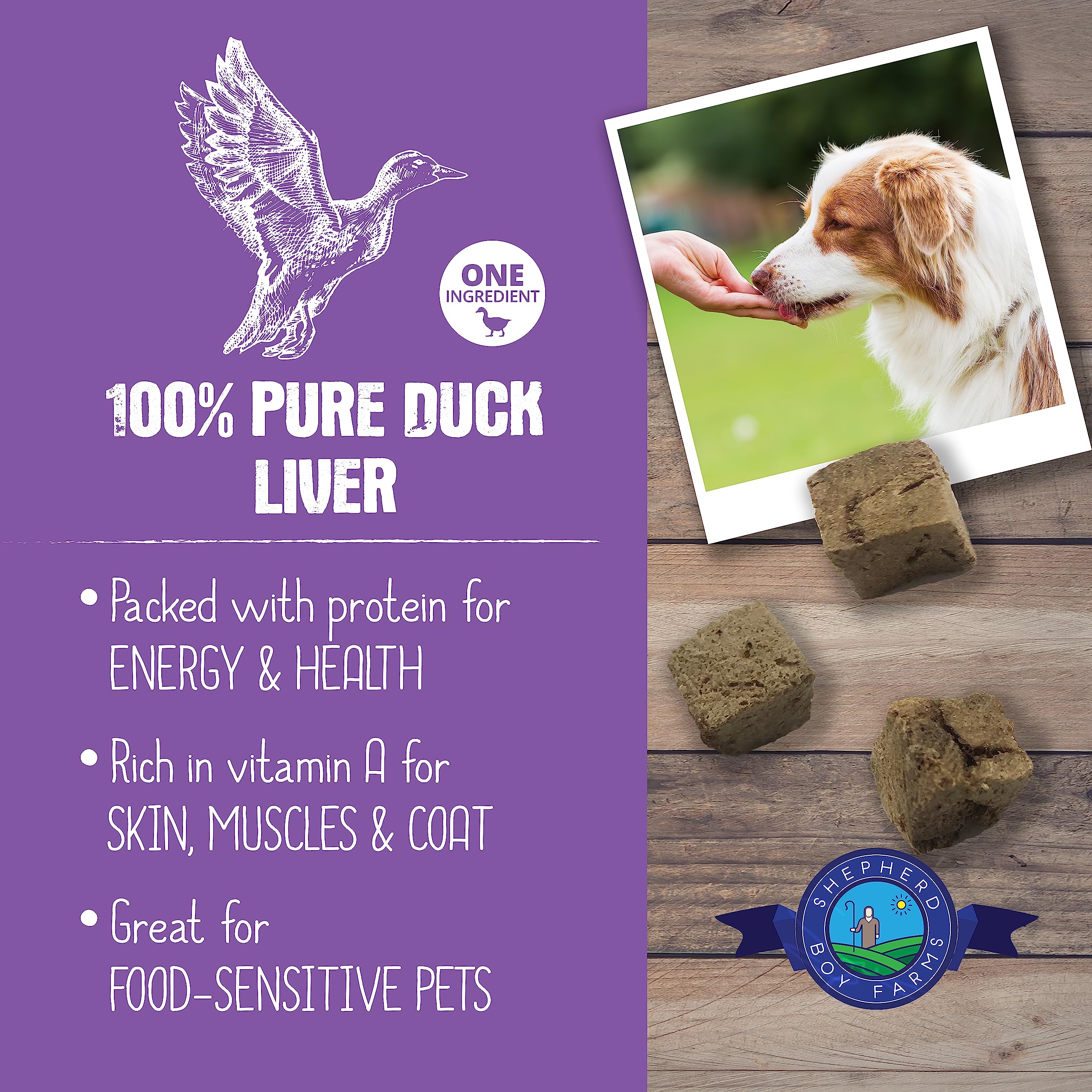 Shepherd Boy Farms Duck Liver Treats shown from the back of the package.
