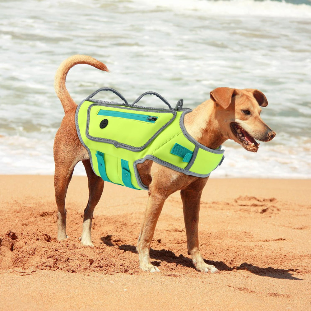 Sheripet dog life jacket showing its adjustable fasteners.